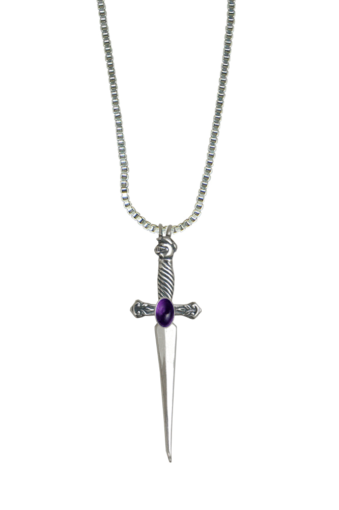 Sterling Silver Detailed Knight's Sword Pendant With Amethyst